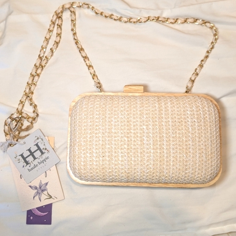 NWT Haute Hippie Cream and Gold Clutch with Chain Strap